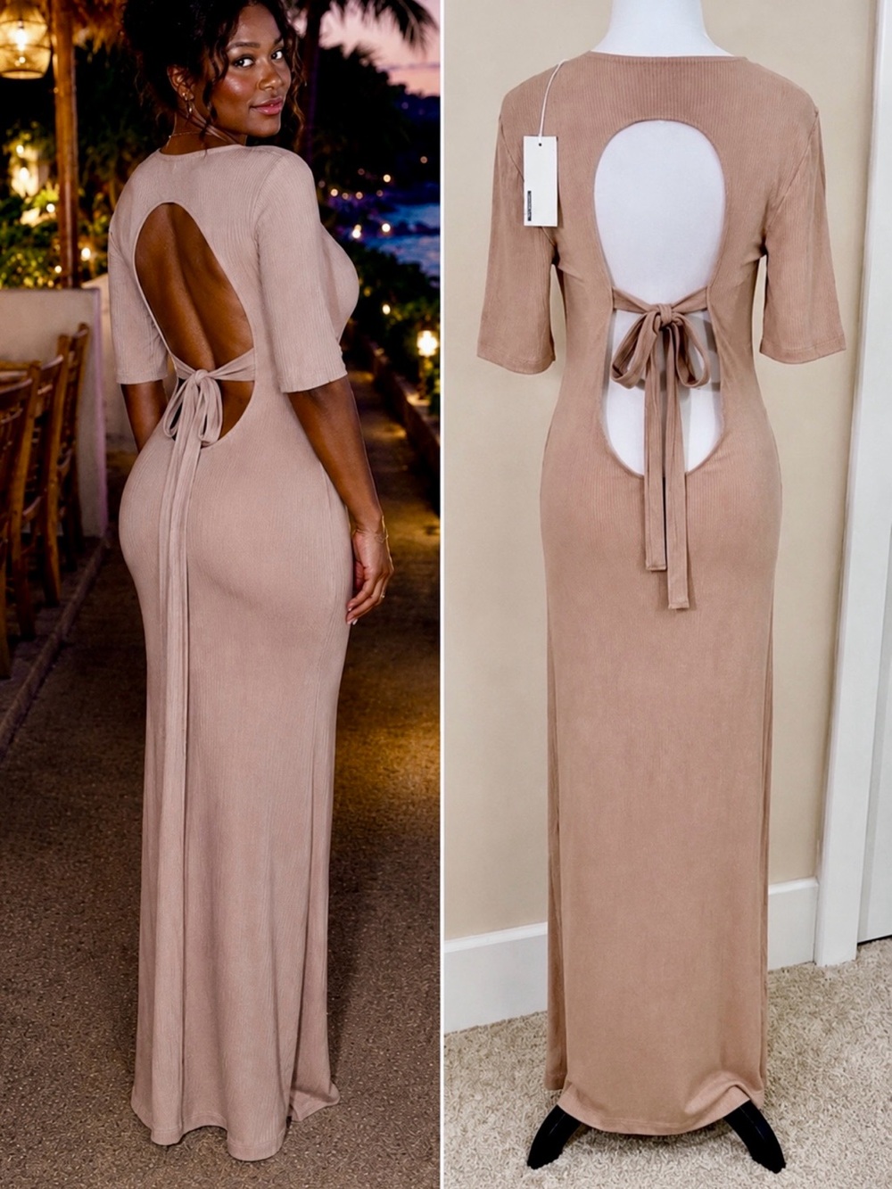 NWT Reformation Dosch Rib Knit Tie Back Backless Maxi Dress Sand Sz XL🧡